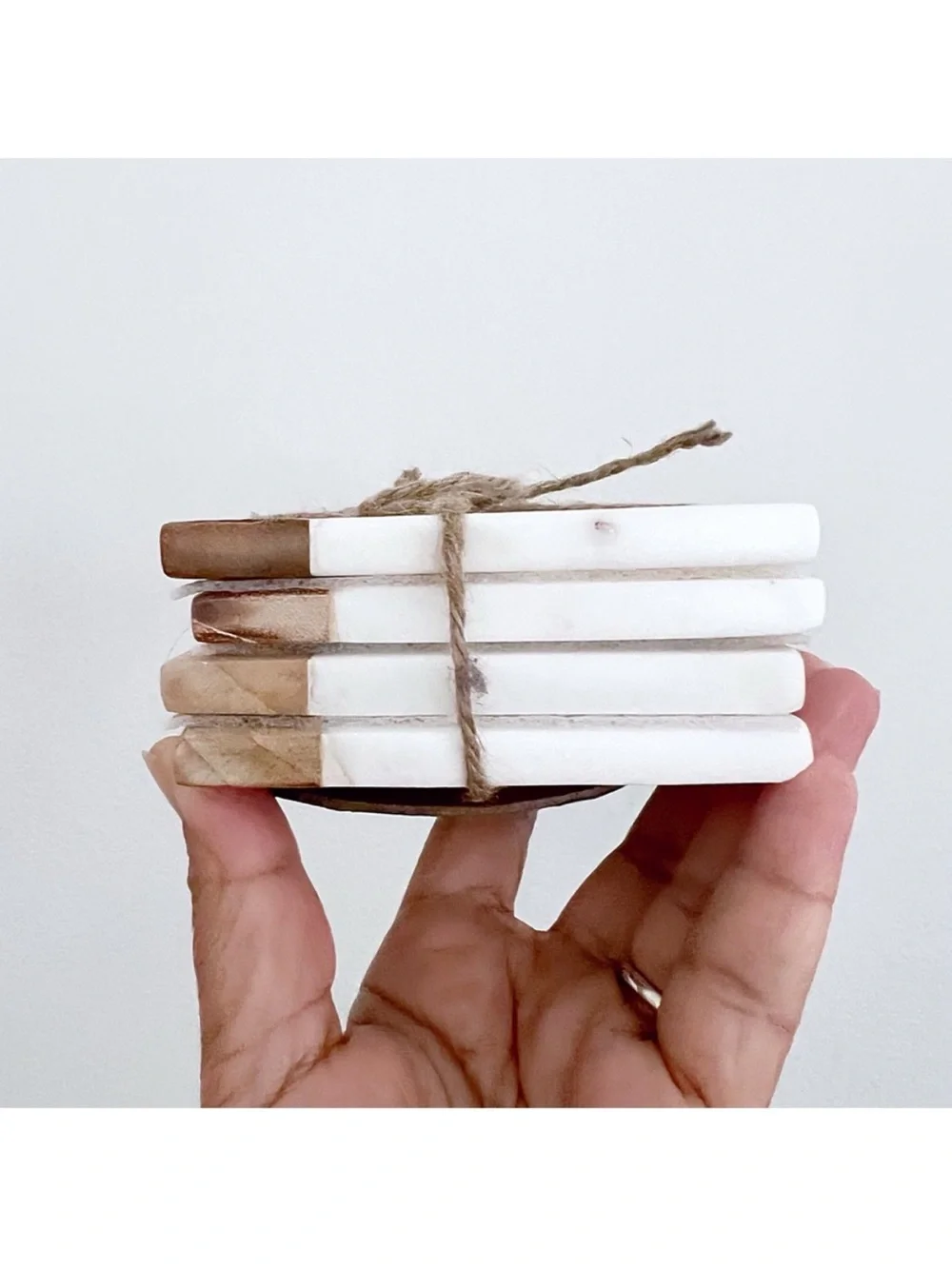 Marble and Wooden Drink Coasters Four Piece Set with Jute Tie - White and Brown